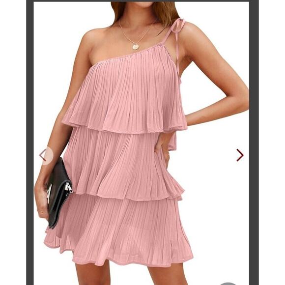Women's One Shoulder Tie Strap Lightweight Layered Short Dress Pink NWT Size XL - Picture 4 of 4